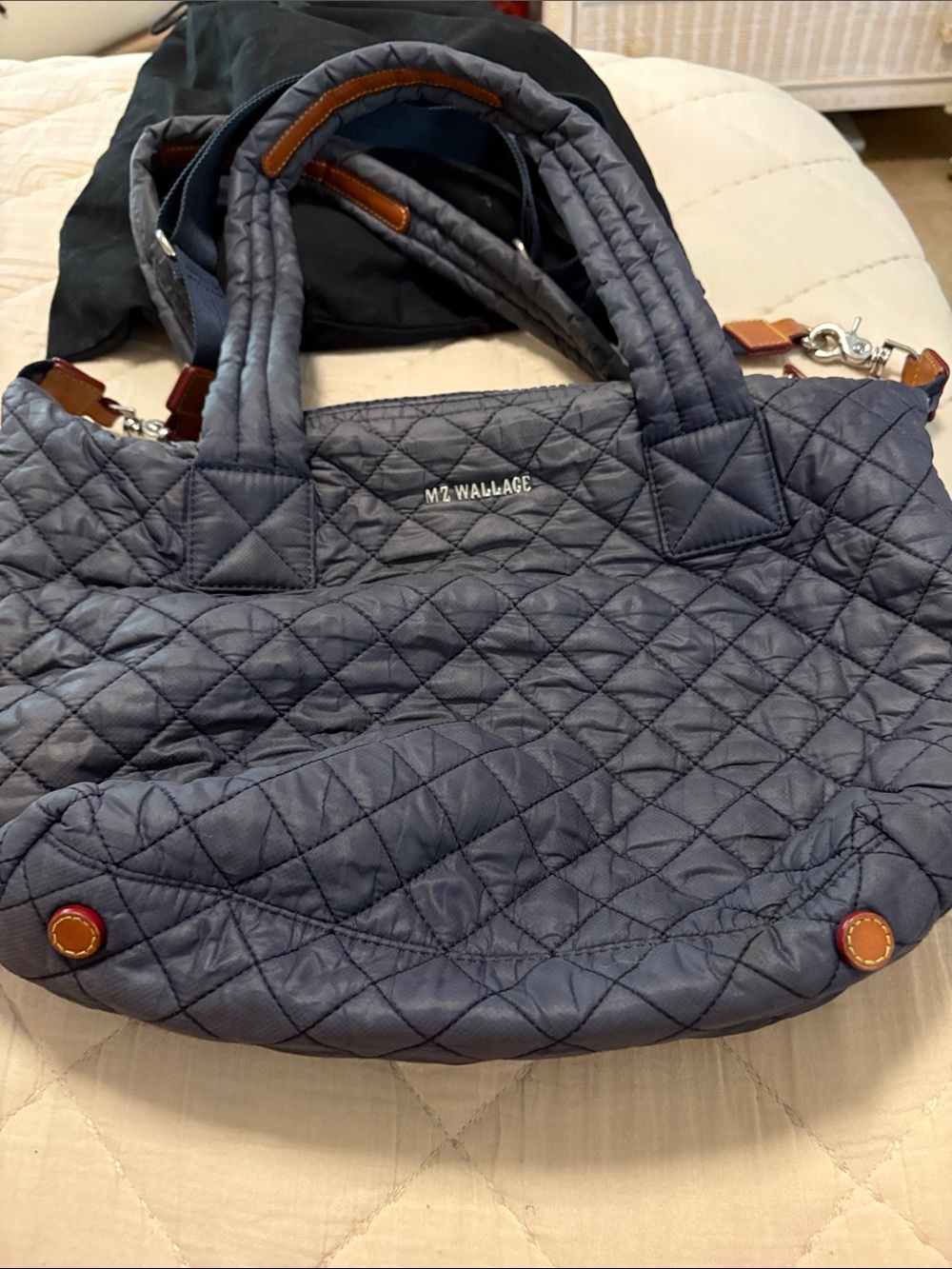 MZ Wallace Quilted Navy Crossbody Tote with Brown Leather Trim